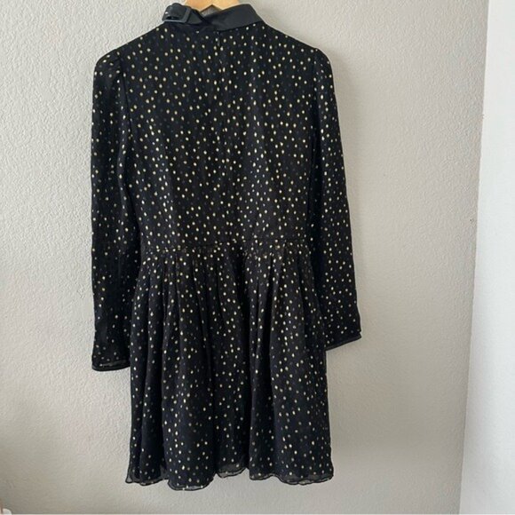 Jill Stuart Silk Dress 6 Black Gold Polka Dot Leather Trim Long Sleeve - Picture 8 of 12
